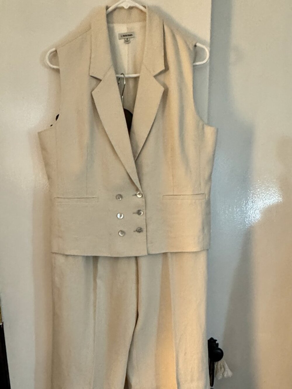 J Peterman Summer Pants Suit with Vest Linen Ivory US 10 12